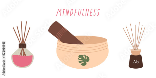Meditation time set. Hand drawn elements collection: singing bowl, aromatic diffusers. Vector flat illustration of meditation stuff, equipments, yoga accessories