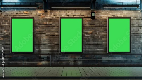 Slow zoom animation of three billboards with green screens on a brick wall background