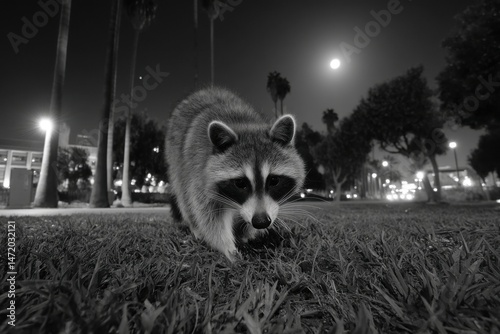 A curious raccoon foraging in a moonlit urban park, resourcefulness and adventure