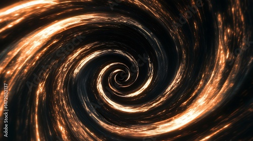 Spiral swirl of bronze and black light rays moving in clockwise motion, ambient energy in dark space, photo