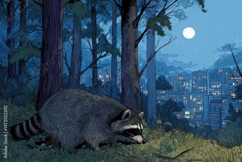 A curious raccoon foraging in a moonlit urban park