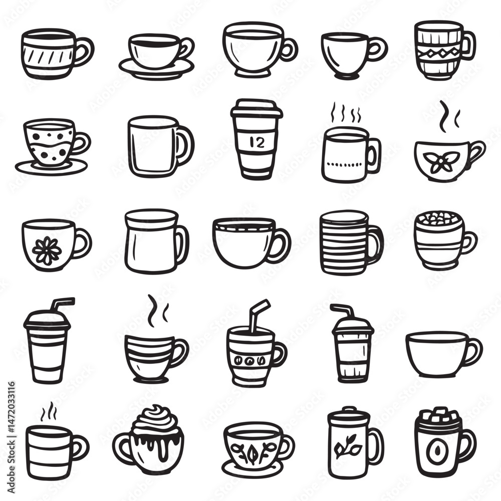 Obraz premium Set of Cute Tea or coffee cup vector doodle hand drawn line illustration