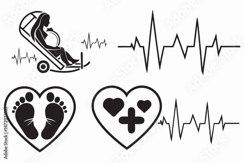 Black silhouette icons about pregnancy and childbirth including mother and footprints