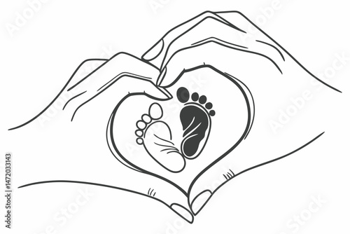 Heart shaped hands holding baby footprints graphic design vector illustration