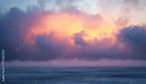Ethereal Sunset Landscape with Clouds and Hazy Horizon in Shades of Blue Purple and Orange Reflecting Light Across Open Terrain Offering a Sense of Tranquility and Natural Beauty