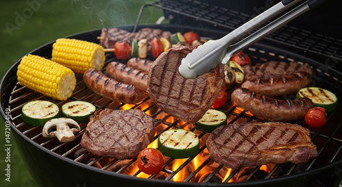 Sizzling BBQ Feast: Grilled Steaks, Sausages & Veggies on a Charcoal Grill - Summer Grilling, Delicious Food, Outdoor Cooking! photo