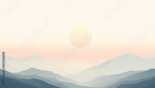 Foggy Mountain Range with Pixelated Texture at Sunset Calm Scenery with Blue Mountains Pink Hues and Warm Light Creating a Serene and Peaceful Nature Background