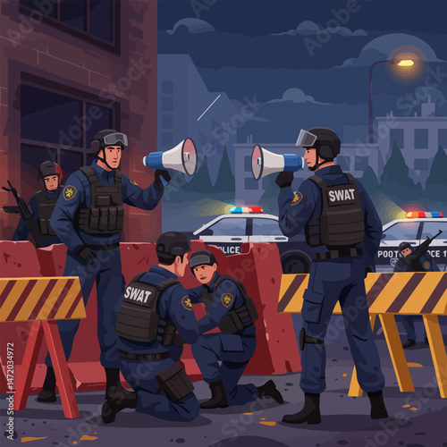 Swat Team Addressing Crowd with Megaphones at Night in City