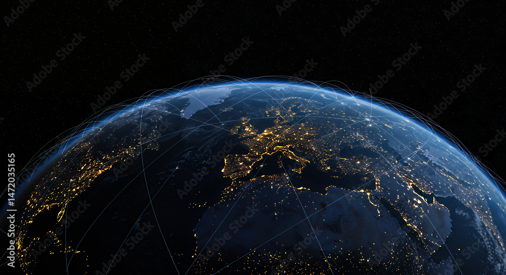 Obraz premium Global Connections: Earth at Night, Networked World, Light Trails, Worldwide Communication, Technology, Connectivity