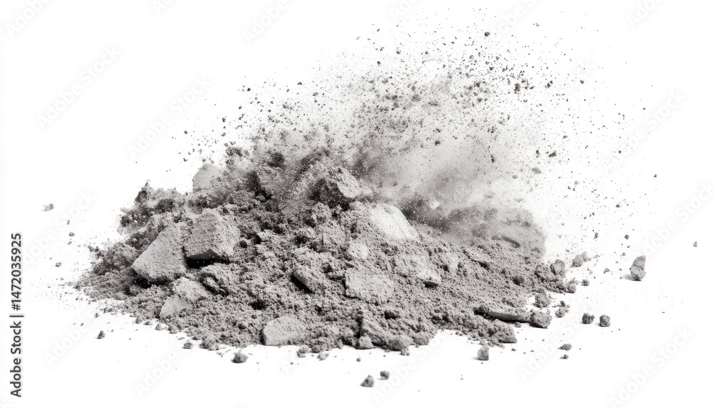 Fototapeta premium Heap of Gray Ash Powder Dust Isolated on White Background Abstract Texture Detail Material Element Scattered in Studio Shot with Overhead Lighting