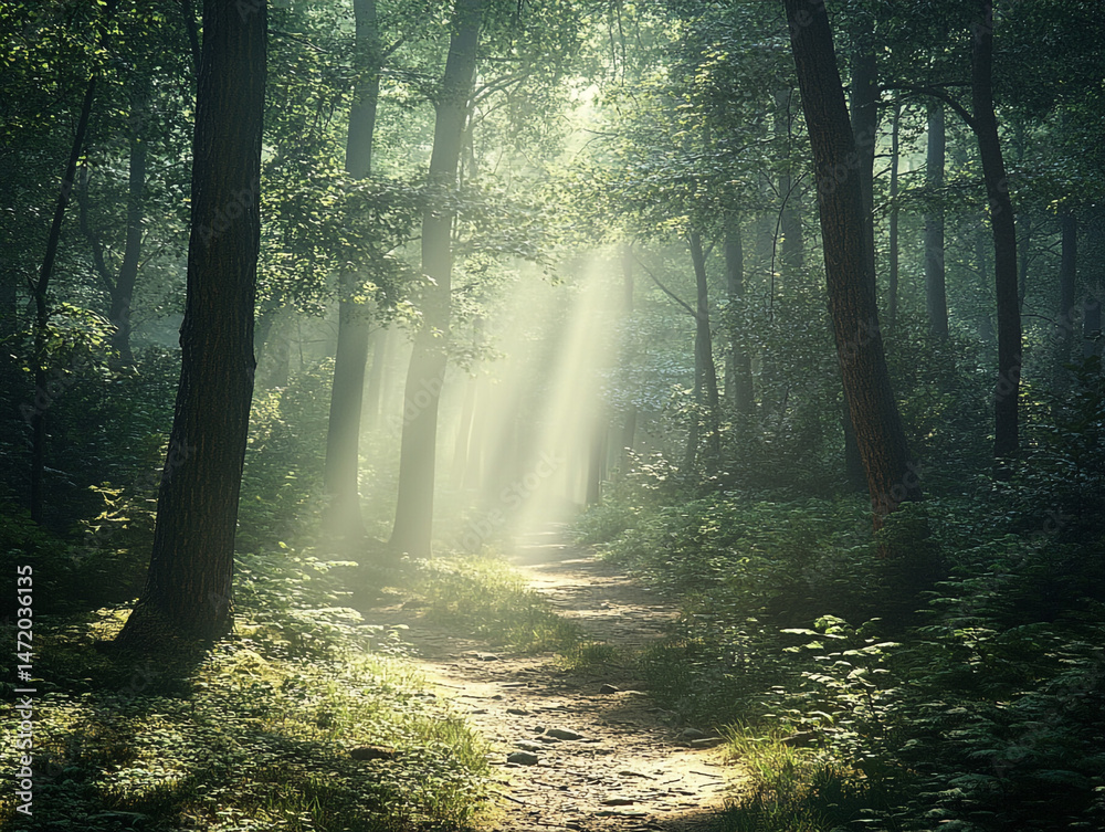 Obraz premium Sunbeams Illuminate Forest Path Magical Woodland Trail Tranquil Nature Scene