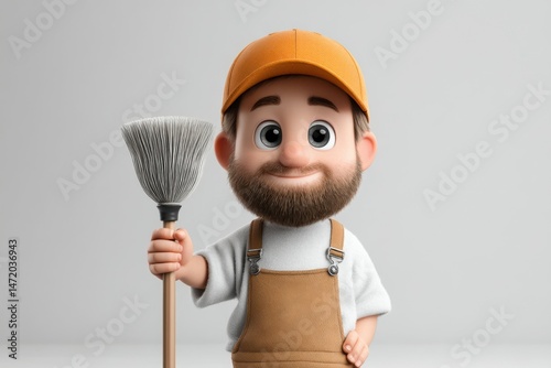 Happy Cartoon Man, Male Janitor Holding a Broom, Mascot, Illustration