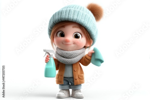 Cute Girl Cleaning Service, cartoon character, cleaning work, t-shirt design, illustration