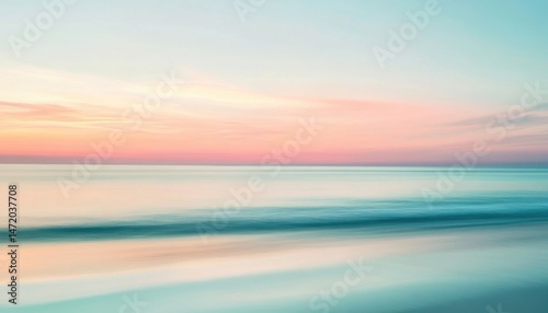Pastel Sunrise Over Calm Turquoise Ocean Water with Gentle Waves on Sandy Shoreline Under Pink Orange Sky in a Serene Seascape