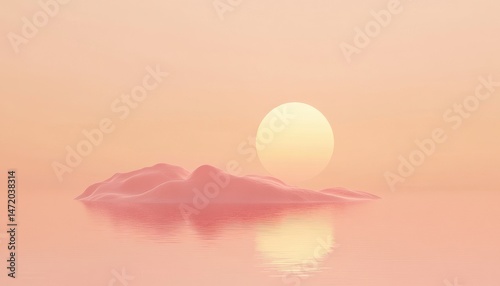 Pink Sunset Over a Small Rocky Island in a Calm Ocean with Gentle Reflections and a Soft Light Creating a Dreamy Atmospheric Seascape