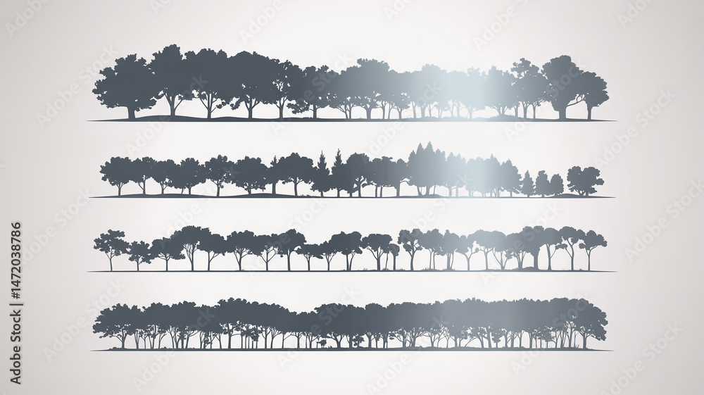 Obraz premium A set of four horizontal tree silhouettes in gray against a white background