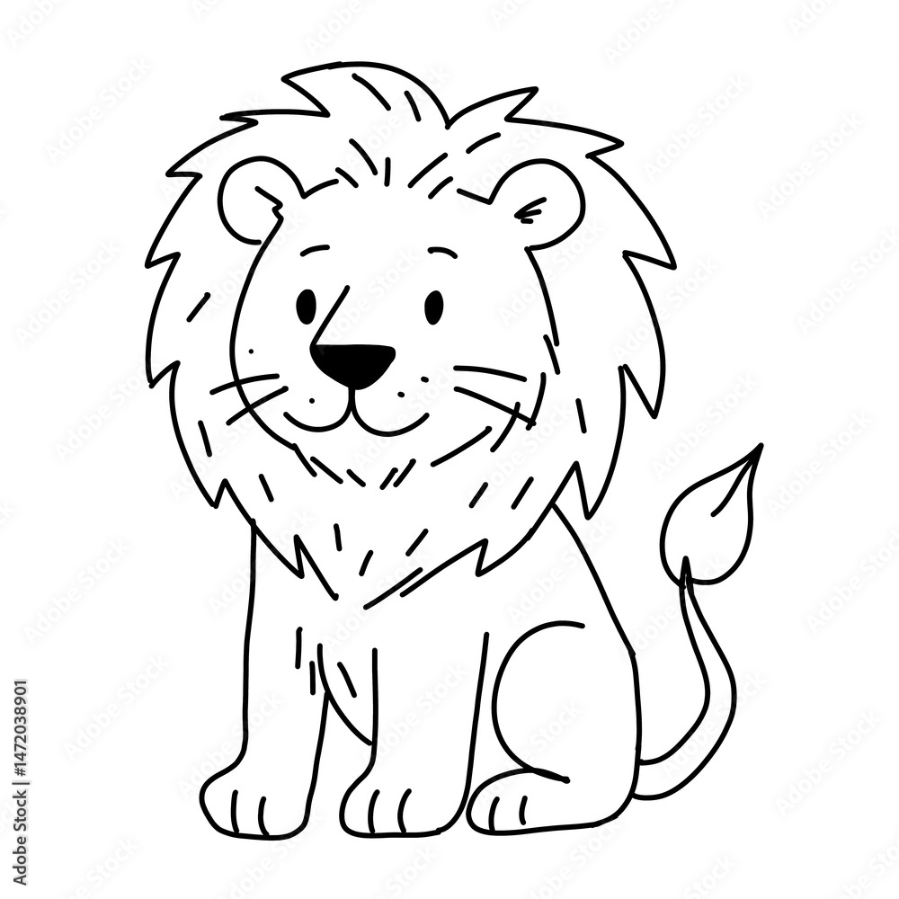 Fototapeta premium Lion wild animal illustration. Black and white outline Lion coloring book or page for children