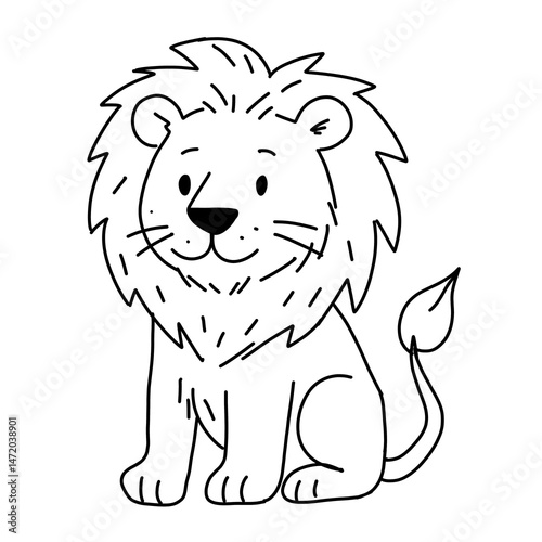 Lion  wild animal illustration. Black and white outline Lion coloring book or page for children