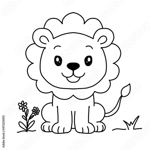 Lion  wild animal illustration. Black and white outline Lion coloring book or page for children