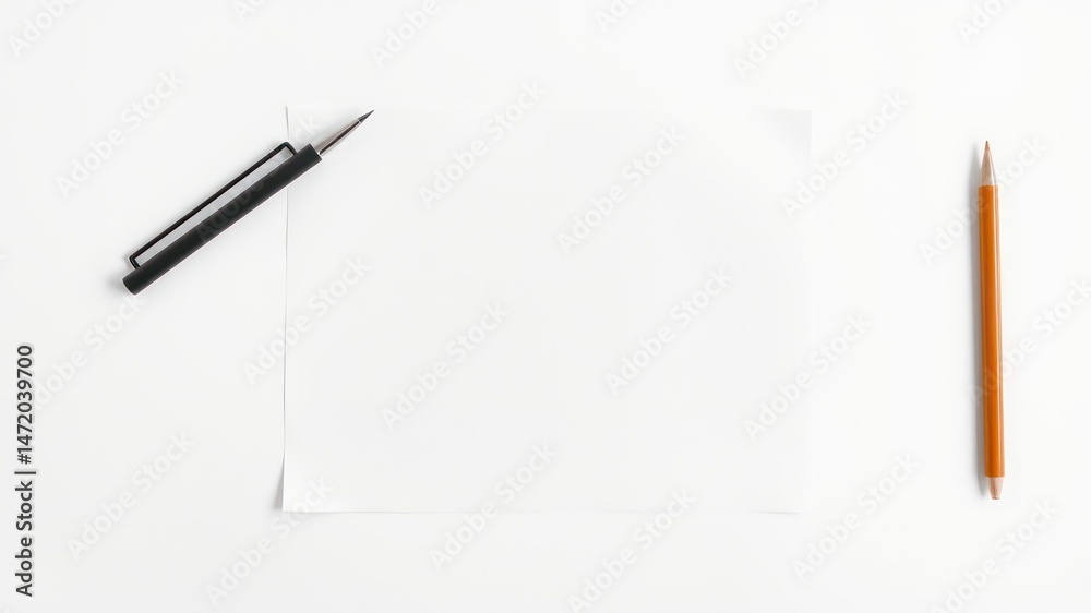 Blank Paper, Pen, and Pencil on White Surface Ready for Ideas Blank Paper, Pen, and Pencil on White Surface Ready for Ideas
