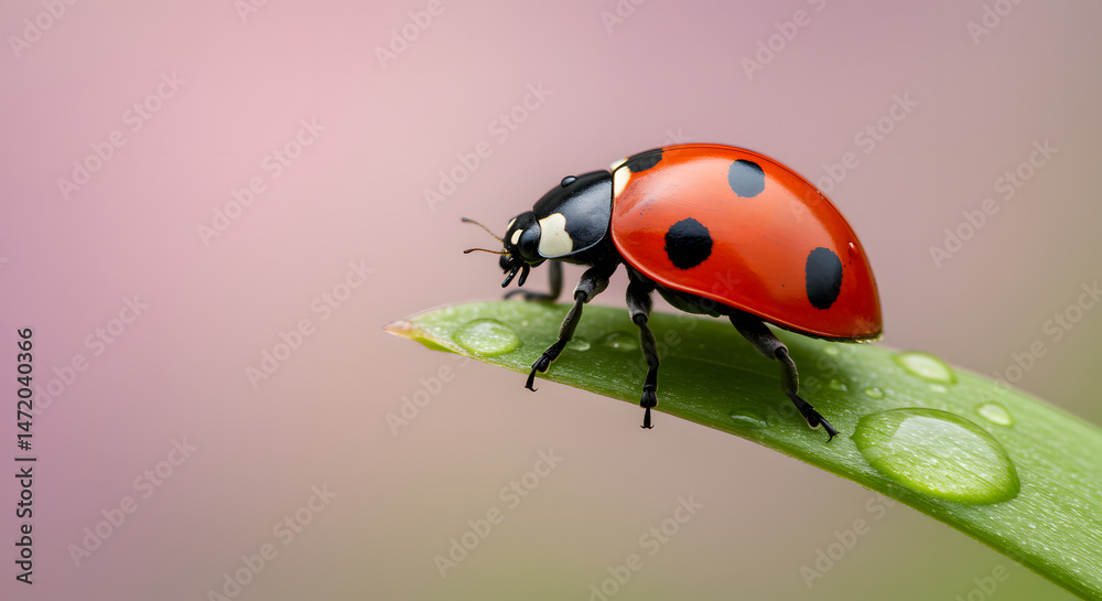 Fototapeta premium Ladybug on a Dew-Kissed Leaf: A Macro Photography Masterpiece