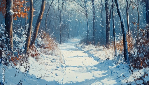 Snow Covered Path Through a Dense Forest With Tall Bare Trees and Brown Foliage on a Cold Winter Day in Soft Natural Light
