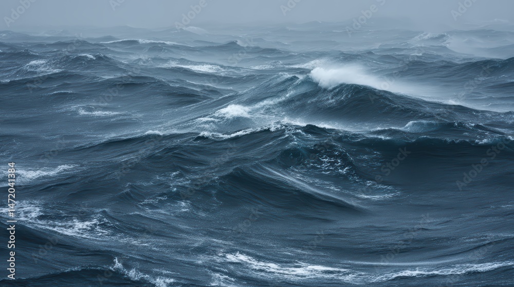 Fototapeta premium Stormy Ocean Panorama with Grey-Blue Waves Intertwined in Dramatic Natural Power Display.