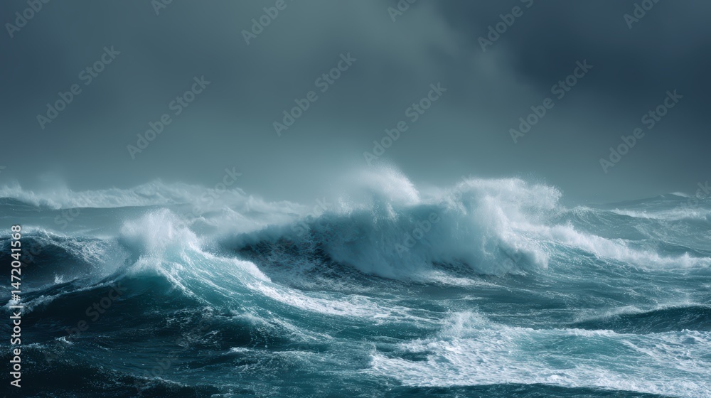 Fototapeta premium Stormy Ocean Panorama with Grey-Blue Waves Intertwined in Dramatic Natural Power Display.