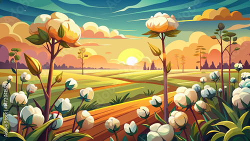 Cotton plants in a lush field under a golden sunset in a rural area showcasing nature's beauty and agricultural richness Very beautiful