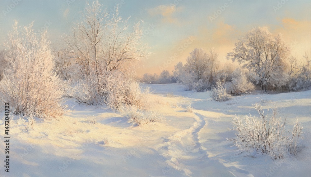 Snowy White Winter Landscape with Bare Trees and Frost Covered Branches Painting Style Under a Sunny Sky in a Peaceful Rural Scene with a Trail Through the Field Snowy White Winter Landscape with Bare Trees and Frost Covered Branches Painting Style Under a Sunny Sky in a Peaceful Rural Scene with a Trail Through the Field