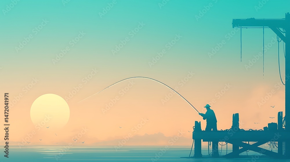 Fototapeta Peaceful sunrise fishing silhouette
