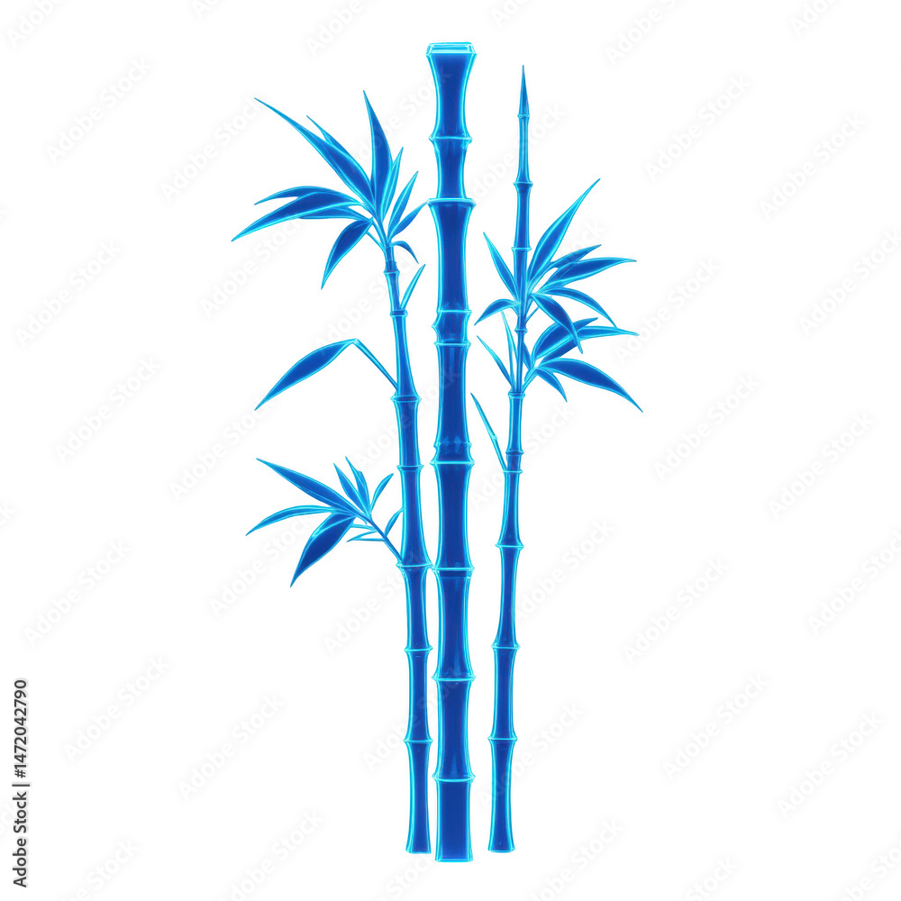 Obraz premium Neon bamboo plant, blue glowing stalks, tropical leaves, vibrant light effect, on transparency background