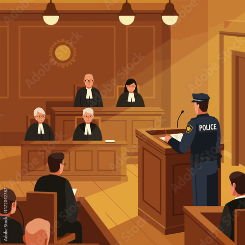 Police Officer Testifying in Court with Judges and Audience Illustration