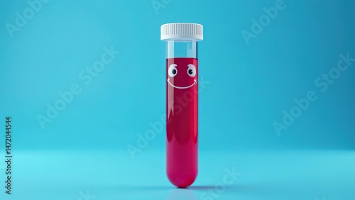 A medical test tube with blood on a blue background looks like a little man with eyes and handles and smiles broadly and holds a small flower in his hands, cartoon character for blood analysis and don