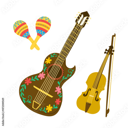 Vector set of musical instruments including floral guitar, maracas and violin on white background. Concept of Mexican folk music, cultural tradition and festive celebration