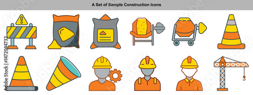 Collection of Colorful Construction Icons with Barrier, Sandbags, Mixer and Hard Hats