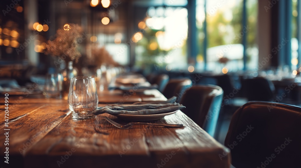 custom made wallpaper toronto digitalElegant empty restaurant interior with polished wooden tables and chairs, showcasing potential dining space for business expansion or grand opening concept.

