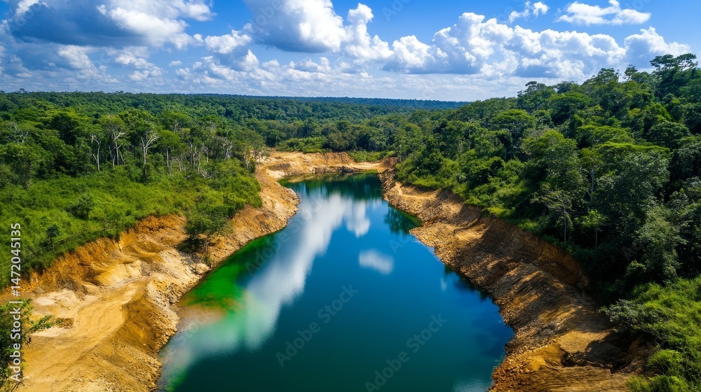 Fototapeta premium A river with a greenish tint and a blue sky in the background