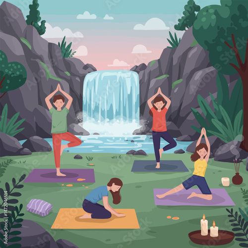 Group Practice Yoga Near Waterfall in Peaceful Outdoor Environment