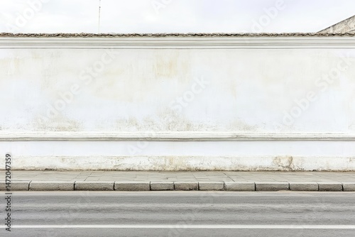 Blank, aged, white stucco wall with curb and street
