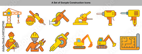 Construction Tools Icons Set Crane Grinder Excavator Blueprint Yellow Orange Color