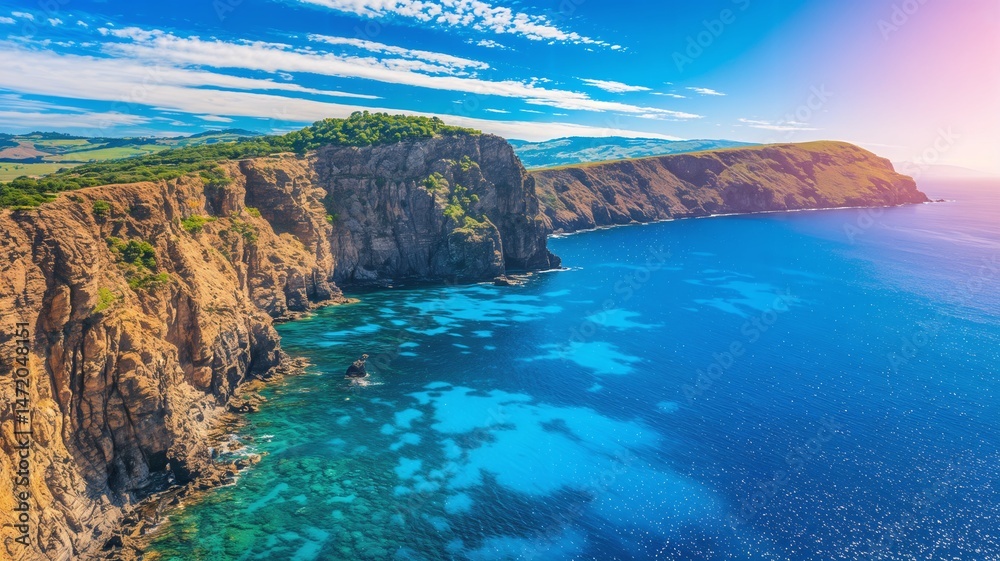 Fototapeta premium Majestic Cliffs Overlooking Azure Sea and Rolling Hills