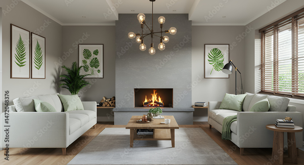 Fototapeta premium Cozy Living Room Design: Fireplace, Sofas, Natural Light & Green Accents | Modern Interior Decor Inspiration