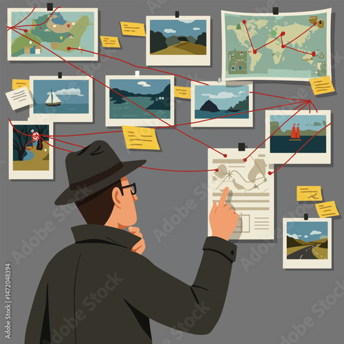 Man Solving Mystery with Evidence Board Featuring Photos and Connections