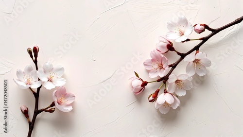 A serene and elegant minimalist poster devoid of any text, set against a soft, creamy white background.Delicate cherry blossoms or magnolias.