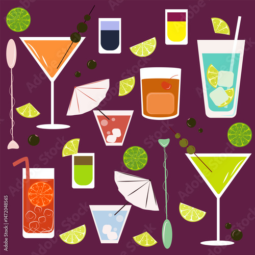 set of cocktails, Set of various alcoholic cocktails and shots. Stickers in the form of cocktails, summer cocktails for the beach, party. Stickers, decals, icons in the form of cocktails and shots, fo