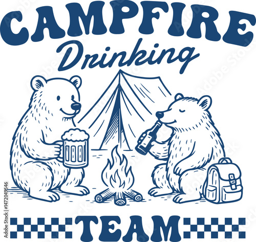 Campfire Drinking Team – Bears with Tent, Funny campfire drinking team cartoon with bears, beer mugs and tent, perfect for outdoor party lovers and retro camping sublimation designs
