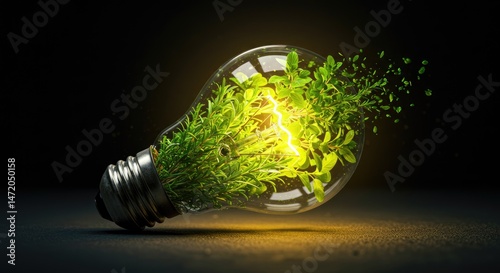 Sustainable energy, a glowing light bulb filled with plants