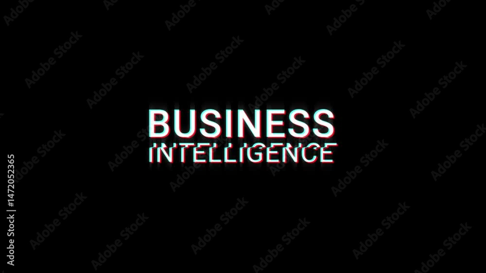 business intelligence glitch abstract text digital 3D cinematic title on black white background. glitch effect word video animation