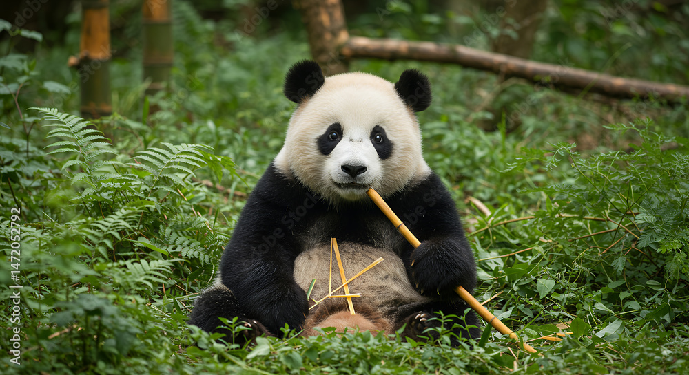 Fototapeta premium Panda's Bamboo Bliss: Adorable Giant Panda Munching in Lush Greens - Nature's Cutest Vegetarian!